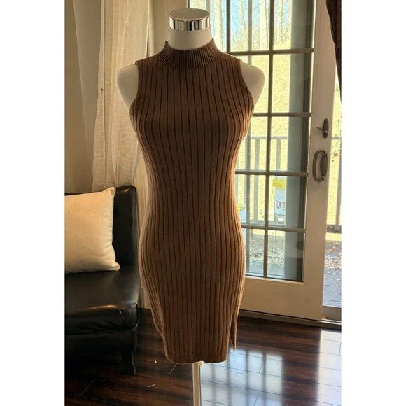 Brown Ribbed Knit Mock Neck Bodycon Dress Womens XS Sleeveless Stretch - Picture 3 of 3
